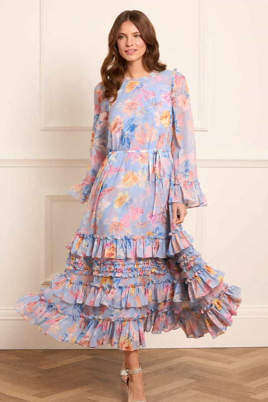 Mariannes Floral Chiffon Round Neck Ankle Gown